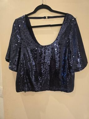 Free People Navy Sequin Scoop Neck Crop Top